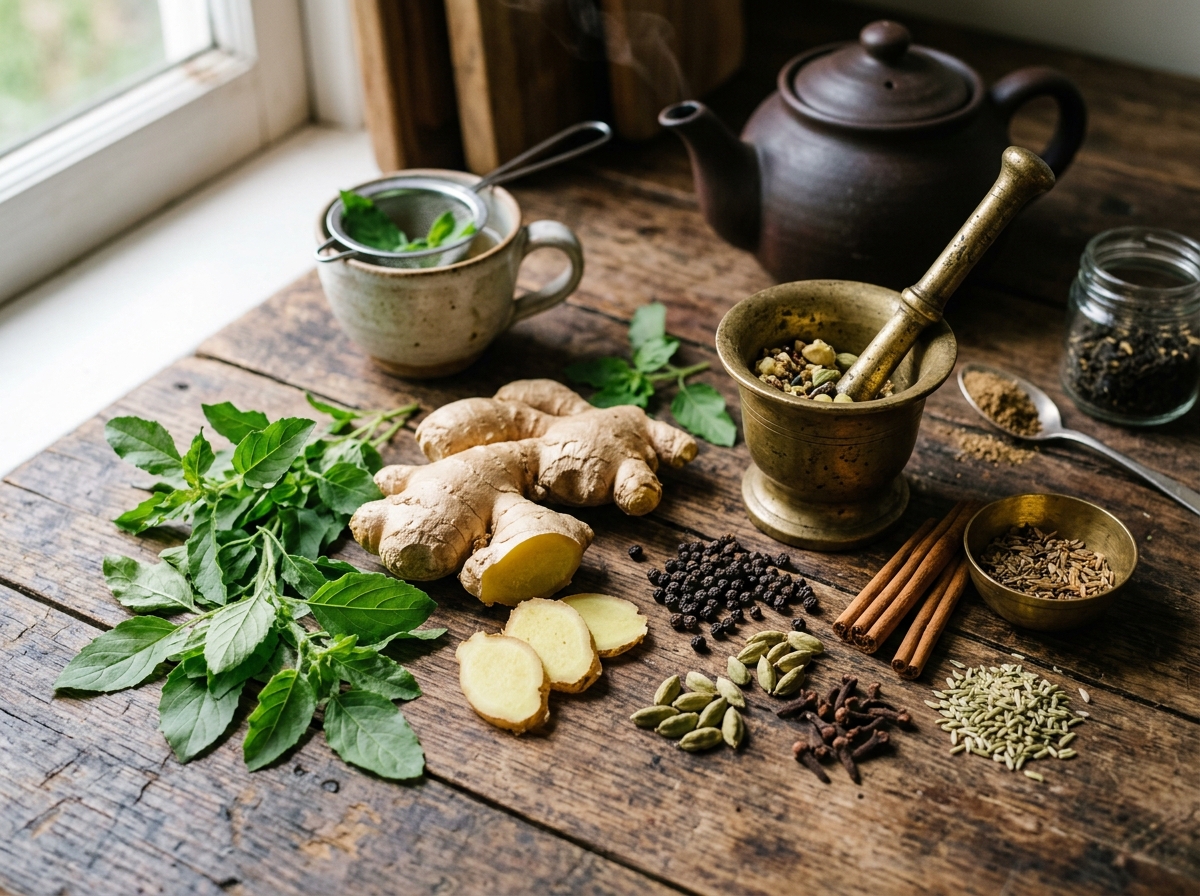 Tulsi herbal tea leaves and spices