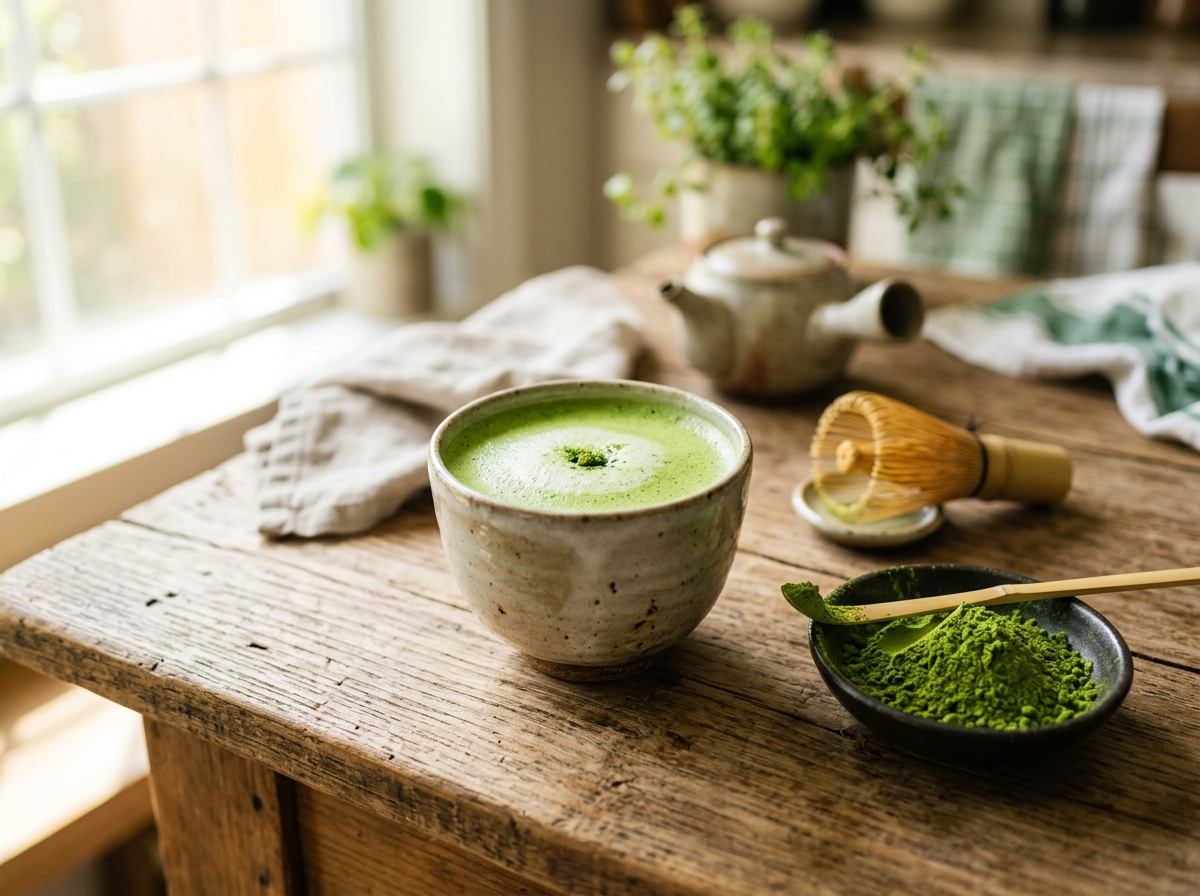 Matcha green tea powder and brewed cup