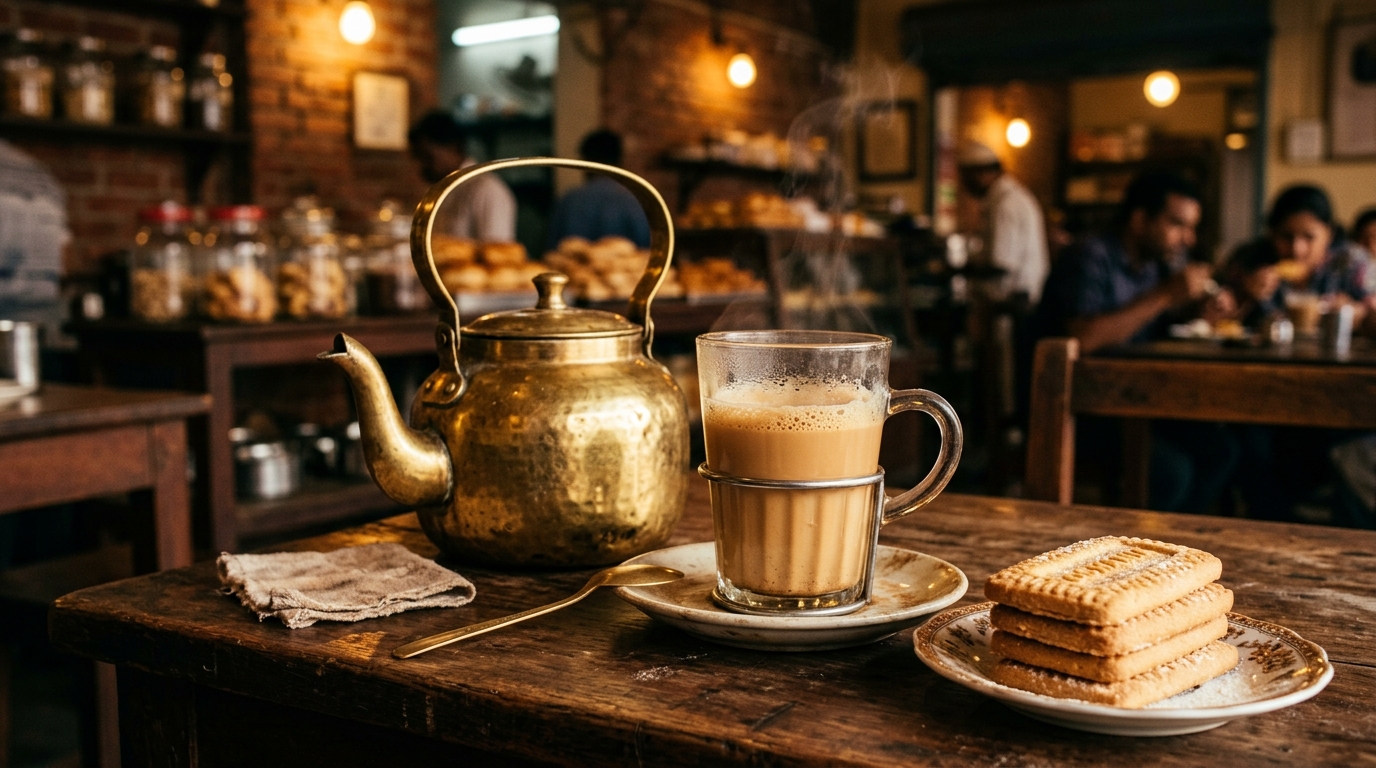 Creamy Irani cha served in a glass with a teapot