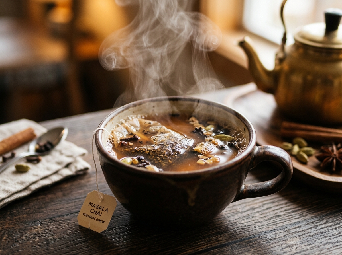 Cup of masala cha with a tea bag